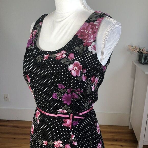 Vtg 90s Y2K K Petite Chiffon Black Polka Dot Dress 6P Pink Floral A Line Flirty - Picture 7 of 12